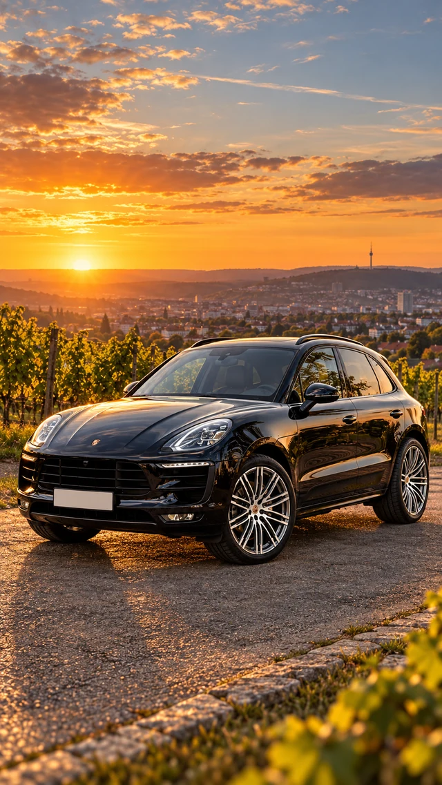 KI-Wallpaper des schwarzen Porsche Macan – Sunset, Stuttgart / Baden-Württemberg